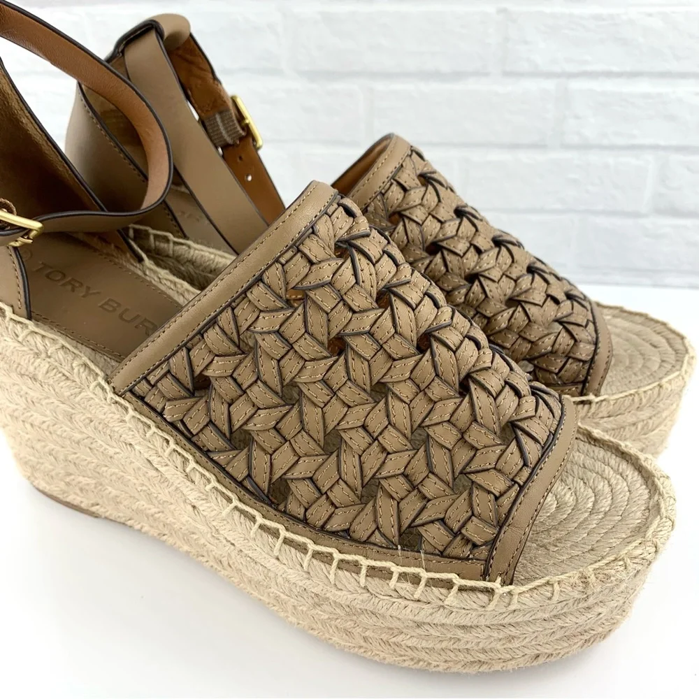 NEW! Tory Burch Basketweave Beige Espadrilles Wedges Size 8.5 $348